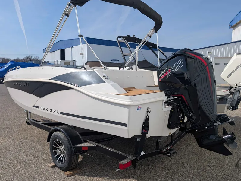 Slide: The Image of The image shows a 2025 Starcraft SVX 171 OB boat on a trailer. - 17