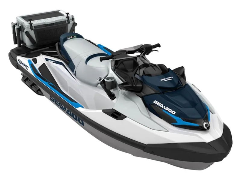 The Image of A 2026 Sea-Doo FishPro Sport 170 with blue and white design and fishing equipment. - 0