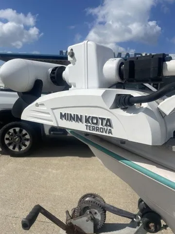 Slide: The Image of Close-up of a Minn Kota Terrova motor on a 1997 Scout 185 Sportfish boat. - 24