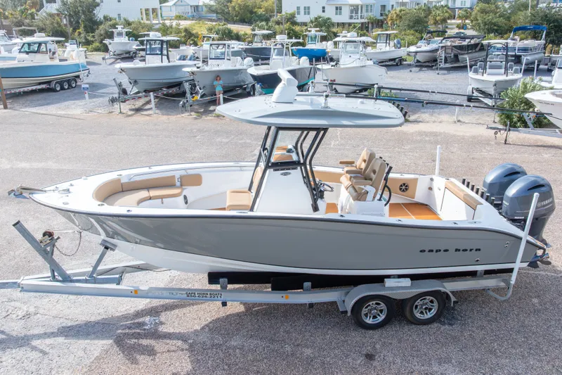 Slide: The Image of 2018 Cape Horn 27XS boat on trailer, parked in marina with other boats. - 4