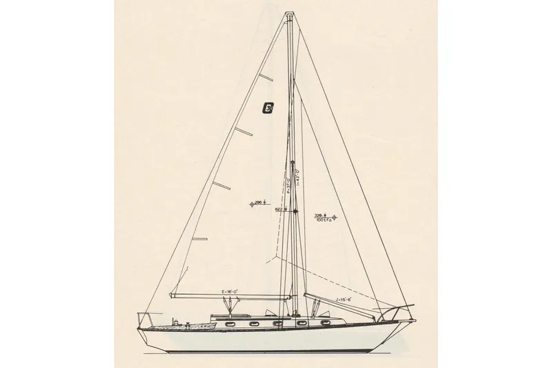 Slide: The Image of Line drawing of a 1986 Cape Dory 36 sailboat, showcasing its classic design and rigging. - 1