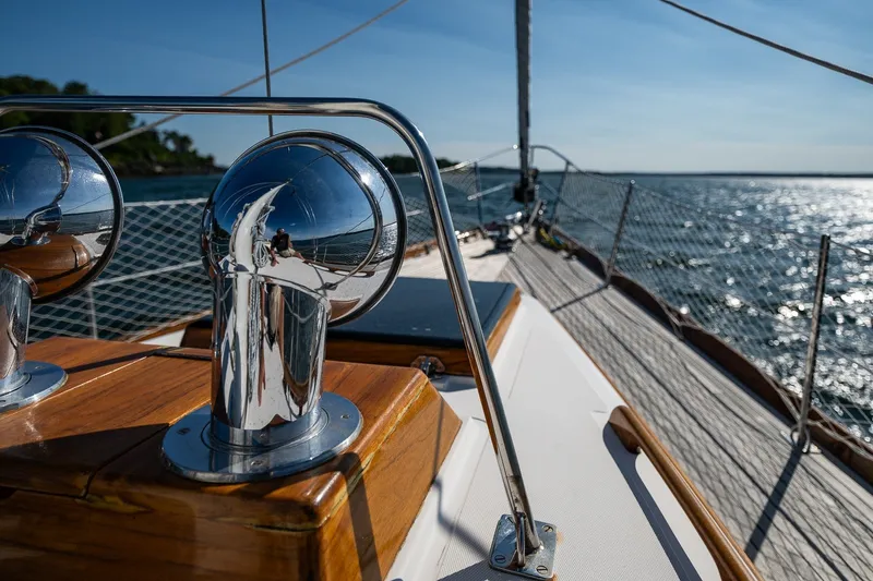 Slide: The Image of Hinckley Sou'wester 42 MKII sailboat deck with polished metal fittings, 1995 model. - 46