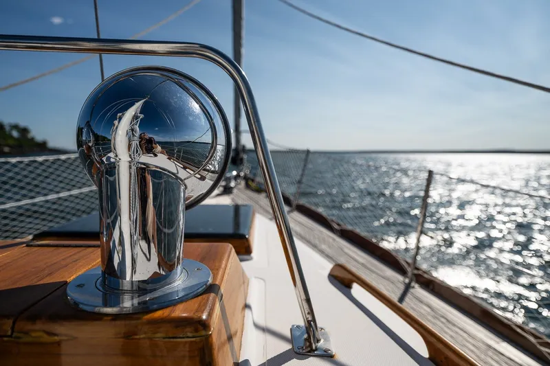 Slide: The Image of Hinckley Sou'wester 42 MKII sailboat deck with polished metal detail, 1995 model. - 47