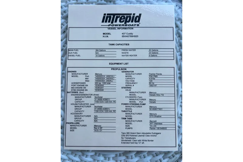 Slide: The Image of 2020 Intrepid 407 Cuddy vessel information sheet detailing tank capacities and equipment list. - 8