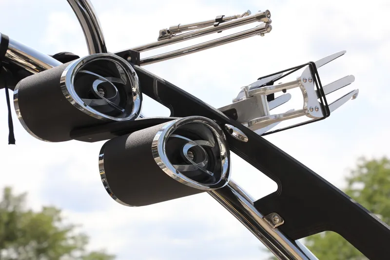 Slide: The Image of Close-up of 2014 Malibu Wakesetter 22 MXZ boat speakers and wakeboard rack. - 5
