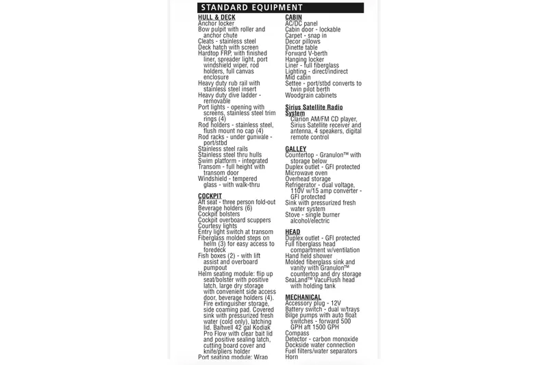 Slide: The Image of 2006 Wellcraft 290 Coastal standard equipment list detailing hull, deck, cabin, and mechanical features. - 14