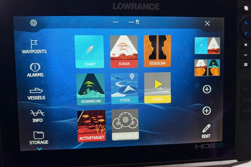 Slide: The Image of Lowrance HDS12 display on 2024 TRACKER NITRO Z21XL, showing navigation and sonar options. - 25