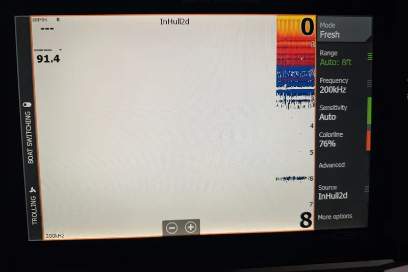 Slide: The Image of Sonar display on 2024 TRACKER NITRO Z21XL, showing depth and frequency settings. - 24