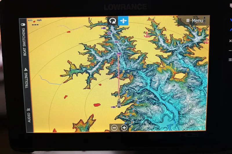Slide: The Image of Marine GPS display on a 2024 TRACKER NITRO Z21XL, showing detailed topographic map. - 23
