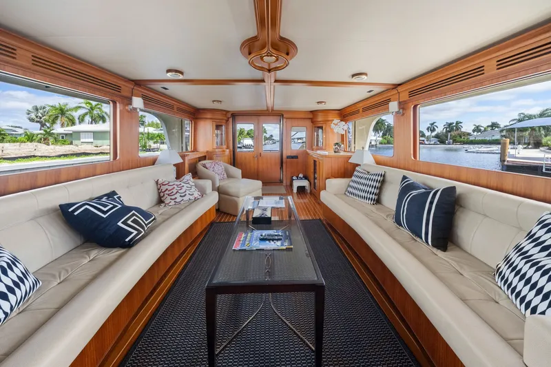 Slide: The Image of Luxurious interior of 2011 Marlow Explorer 70E yacht with elegant seating and scenic views. - 27
