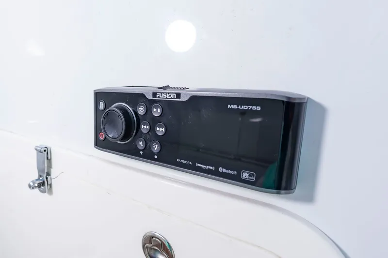 Slide: The Image of Close-up of a Fusion MS-UD755 marine stereo system aboard a 2015 Yellowfin 39 Offshore. - 21