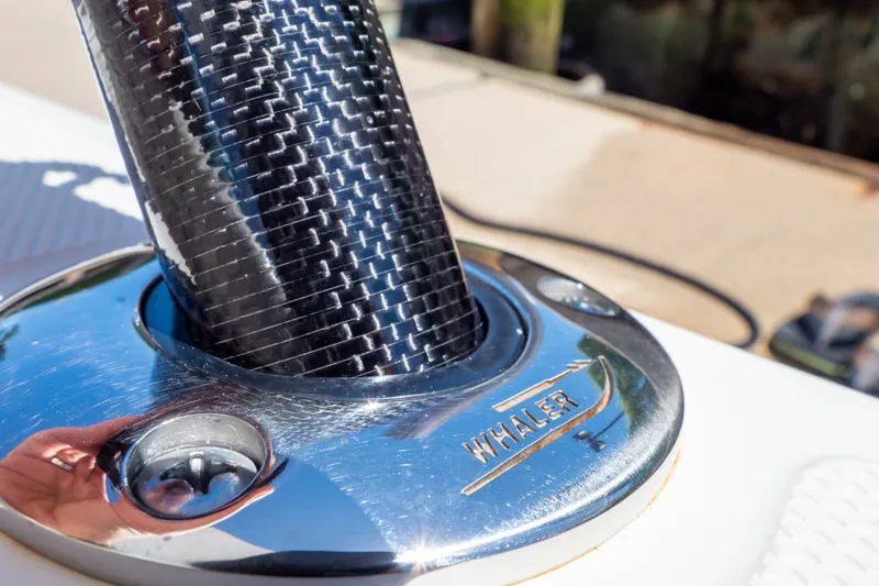 Slide: The Image of Close-up of a 2023 Boston Whaler 280 Vantage boat detail with logo. - 40