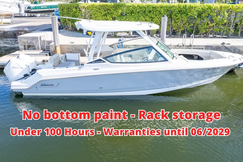 The Image of 2023 Boston Whaler 280 Vantage boat docked, no bottom paint, under 100 hours, warranties until 2029. - 0