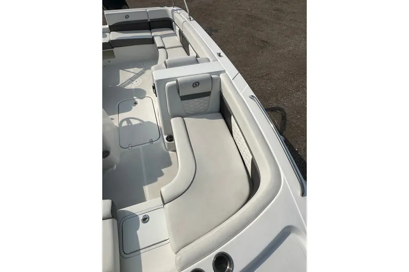 Slide: The Image of 2023 Hurricane SunDeck Sport 192 RL OB boat interior with spacious seating and sleek design. - 13