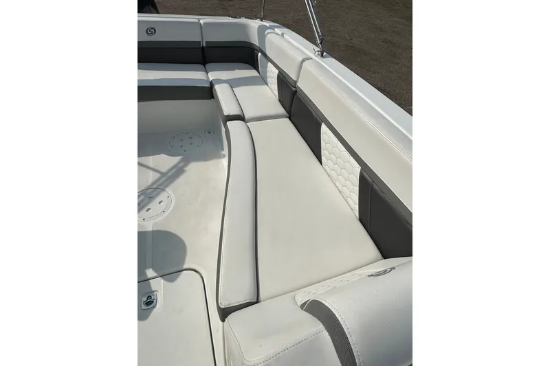 Slide: The Image of 2023 Hurricane SunDeck Sport 192 RL OB boat interior with cushioned seating. - 15