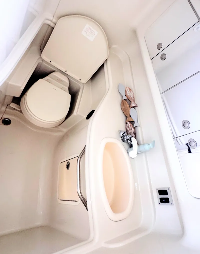 Slide: The Image of The image shows a boat bathroom with a toilet, sink, and storage space. - 21