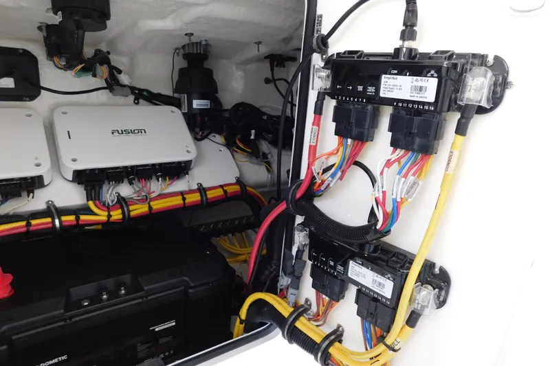 Slide: The Image of Electrical wiring and components inside a 2026 Regulator 31 boat. - 45