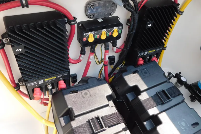 Slide: The Image of Electrical system of a 2026 Regulator 31 boat with batteries and wiring. - 23