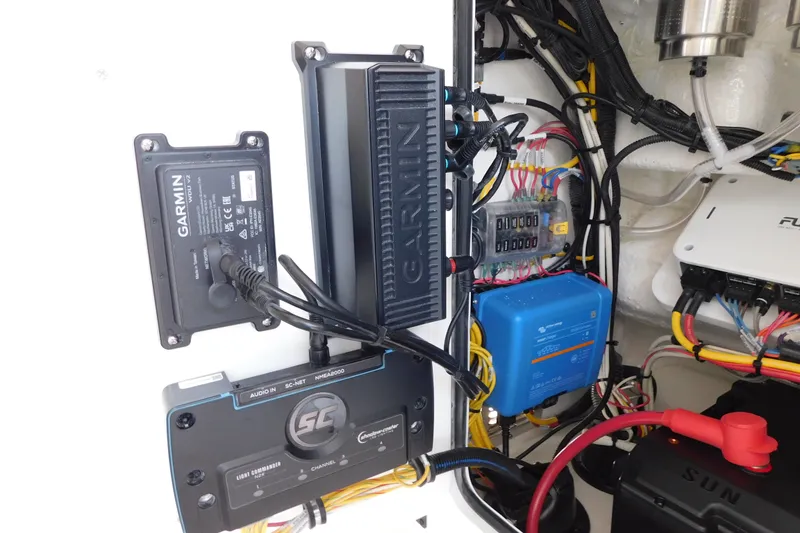 Slide: The Image of Electrical system setup in a 2026 Regulator 31 boat featuring Garmin and Victron components. - 46