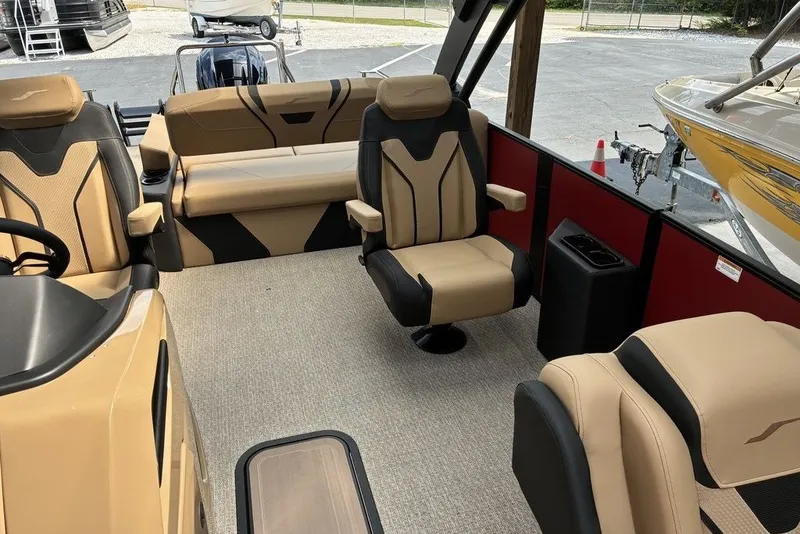 Slide: The Image of Luxurious interior of 2027 Evotti 723CS boat with beige and black seating. - 3