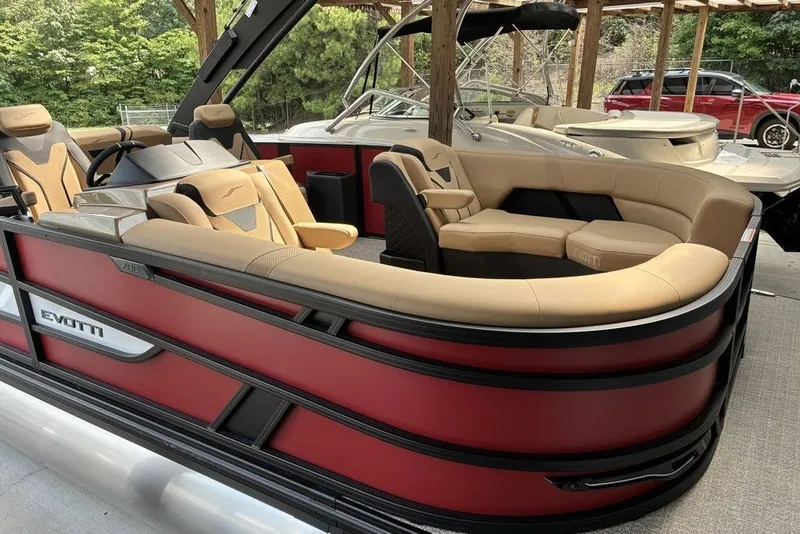 Slide: The Image of Luxurious 2027 Evotti 723CS pontoon boat with elegant seating and modern design. - 4