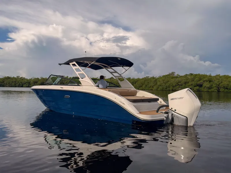 Slide: The Image of A sleek 2027 Sea Ray SDX 270 Outboard boat on calm water with a cloudy sky. - 3
