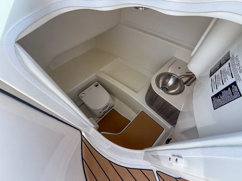 Slide: The Image of Interior of the Sea Ray SDX 270 Outboard featuring a toilet and sink. - 19