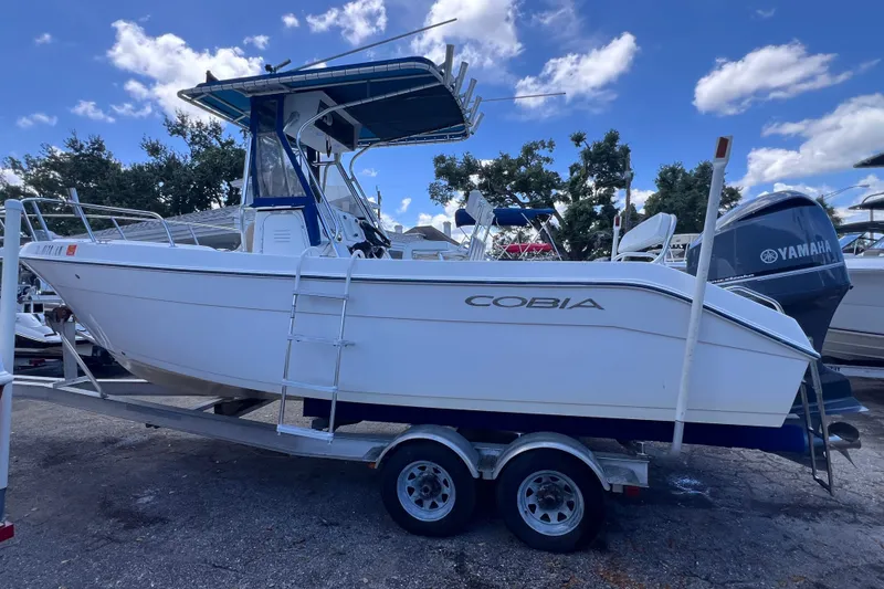 Slide: The Image of 2001 Cobia 254 Center Console boat on trailer, under blue sky with clouds. - 5