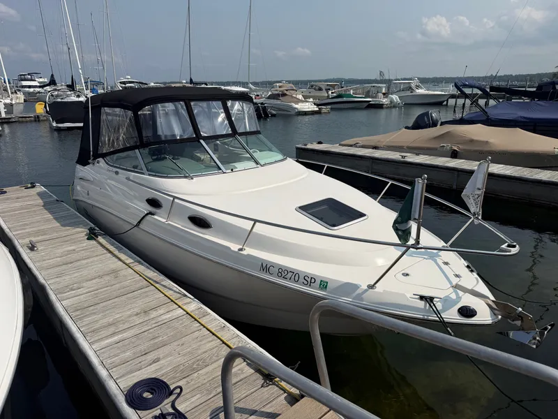 Slide: The Image of A white 2004 Chaparral Signature 240 boat docked at a marina, surrounded by other boats. - 4