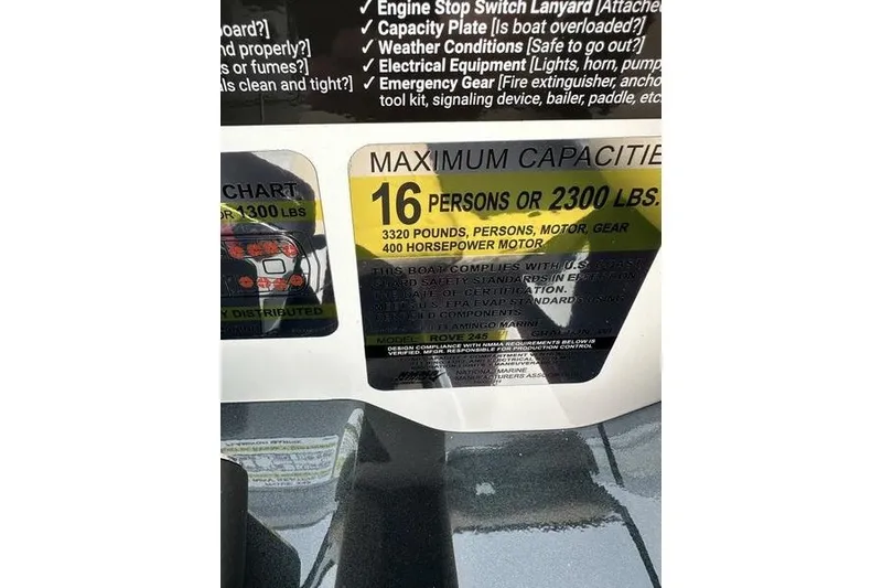 Slide: The Image of Capacity label on 2026 Flamingo Rove 24' boat, max 16 persons or 2300 lbs. - 29