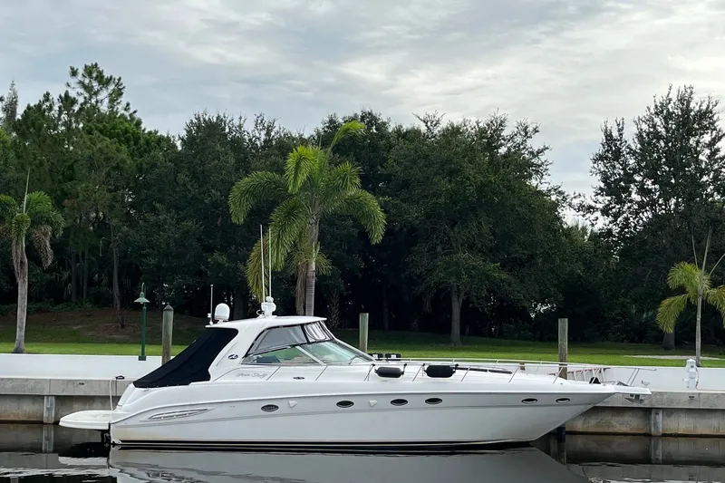 The Image of 2001 Sea Ray Sundancer 460 yacht docked by lush greenery and palm trees. - 29