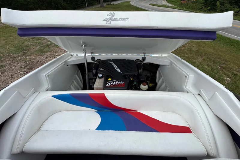 Slide: The Image of 2006 Nordic Powerboats 25 Rage engine compartment with colorful upholstery and Mercury 496 engine. - 12
