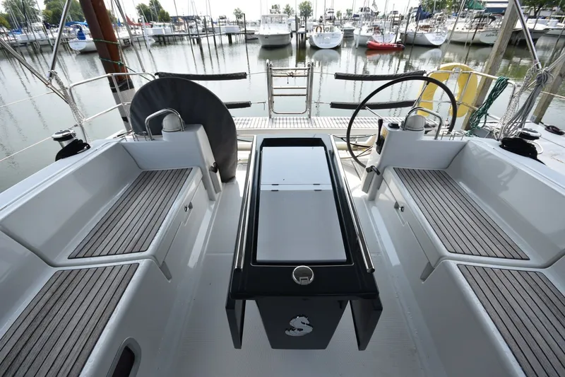 Slide: The Image of Cockpit view of 2012 Beneteau Oceanis 41.1 sailboat docked at marina. - 14