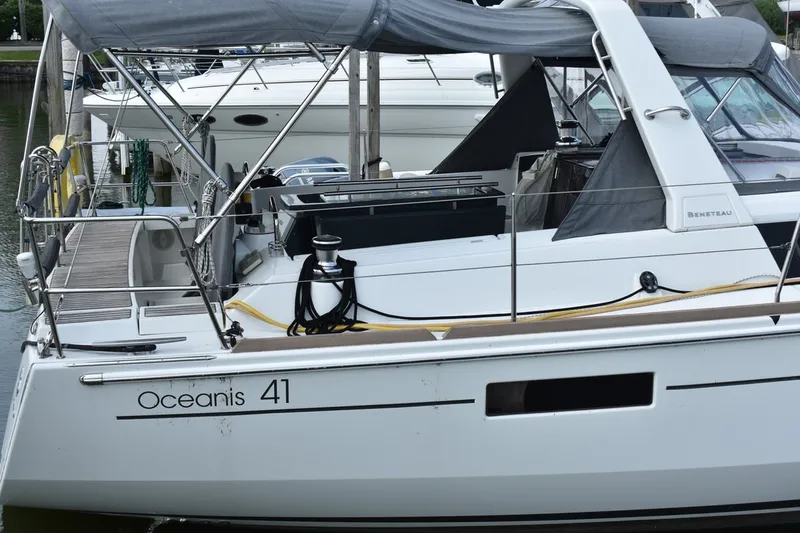 Slide: The Image of Beneteau Oceanis 41.1 sailboat, 2012 model, docked at a marina. - 5