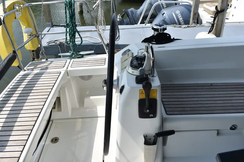Slide: The Image of Cockpit of 2012 Beneteau Oceanis 41.1 sailboat with steering wheel and controls. - 16