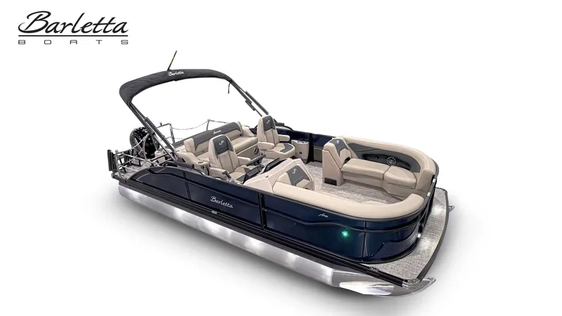Slide: The Image of Barletta ARIA 22UC 2027: Sleek pontoon boat with beige seating and black canopy. - 2