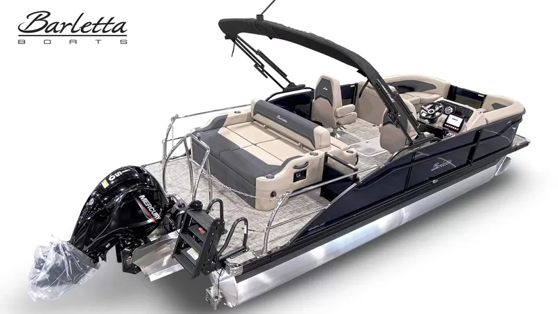 Slide: The Image of The image shows a 2027 Barletta ARIA 22UC pontoon boat with a Mercury outboard motor. - 29