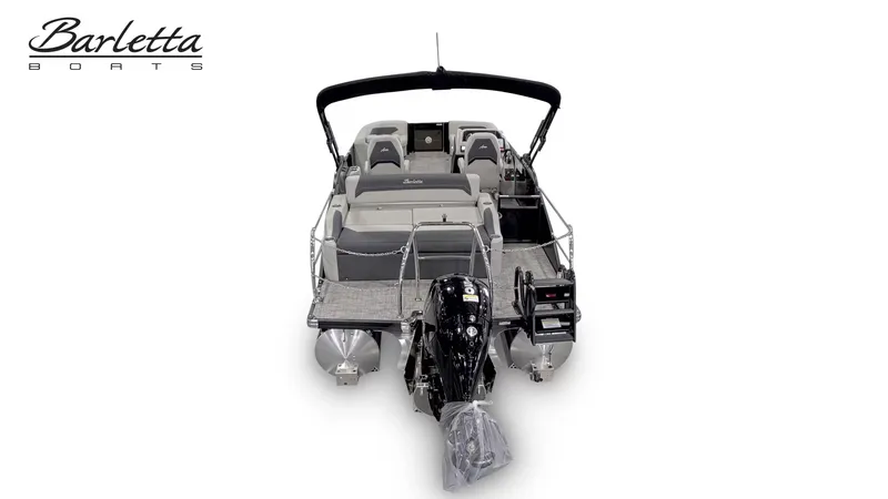 Slide: The Image of The image shows a 2027 Barletta ARIA 22UC pontoon boat with a modern design and an outboard motor. - 5