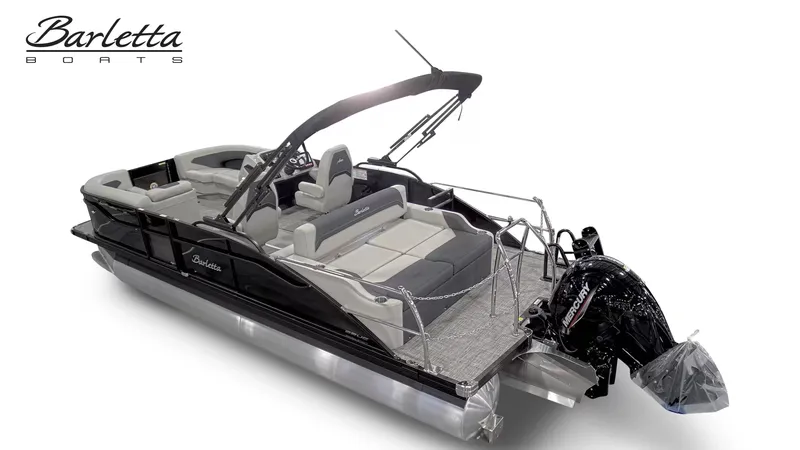 Slide: The Image of The image shows a sleek pontoon boat with gray and black seating and an outboard motor. - 4