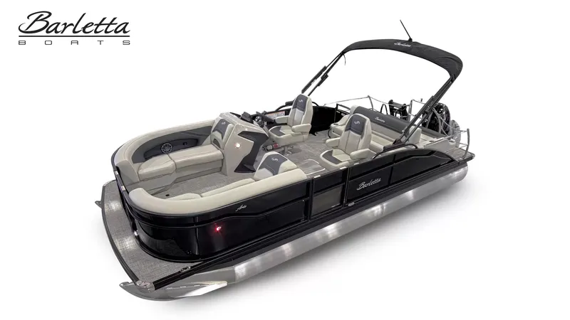 Slide: The Image of The image shows a sleek pontoon boat with gray and black accents, featuring comfortable seating. - 3
