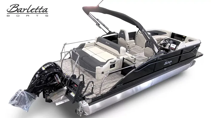 Slide: The Image of The image shows a Barletta ARIA 22UC pontoon boat with a modern design and an outboard motor. - 6