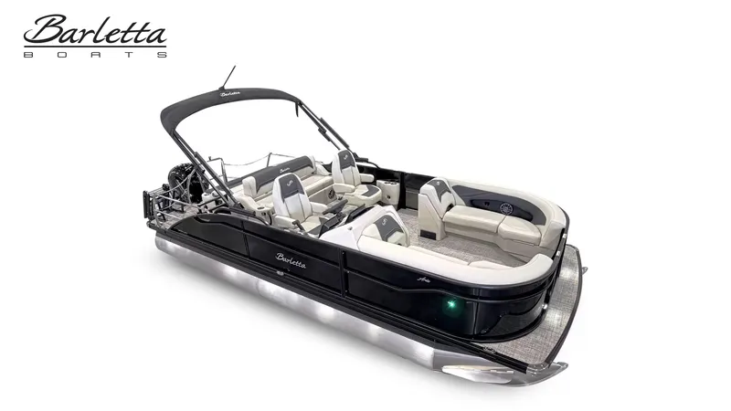 The Image of The image shows a sleek pontoon boat, the Barletta ARIA 22UC, 2027 model, featuring luxurious seating. - 1