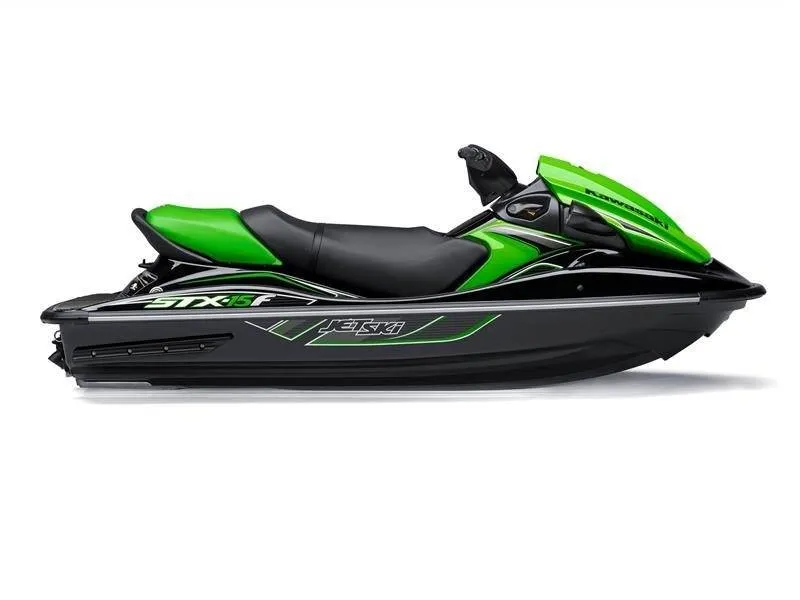 The Image of A green 2015 Kawasaki Jet Ski® STX®-15F with a black seat and sporty design. - 1