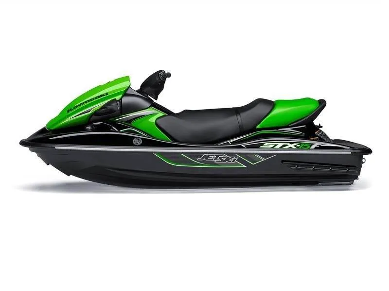 Slide: The Image of A green 2015 Kawasaki Jet Ski® STX®-15F with a sporty design and black seat. - 2