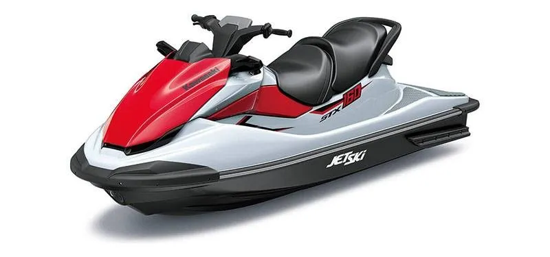 Slide: The Image of A 2021 Kawasaki Jet Ski STX 160 with a red and black design, suitable for water sports. - 3