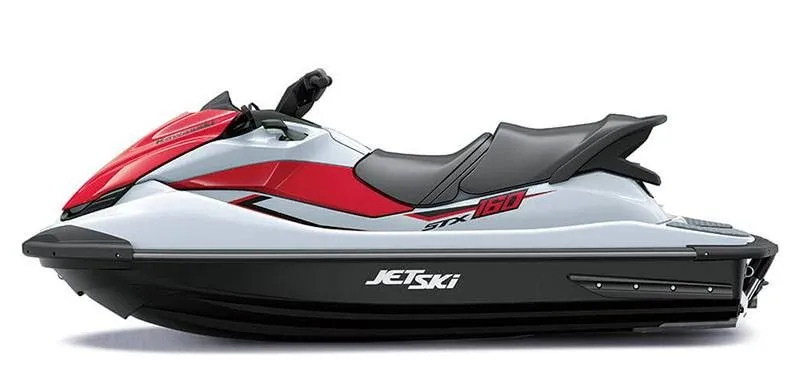 Slide: The Image of A 2021 Kawasaki JET SKI STX 160 in red, white, and black. - 2