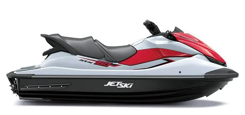 The Image of A 2021 Kawasaki Jet Ski STX 160 in white and red, featuring a sporty design. - 1