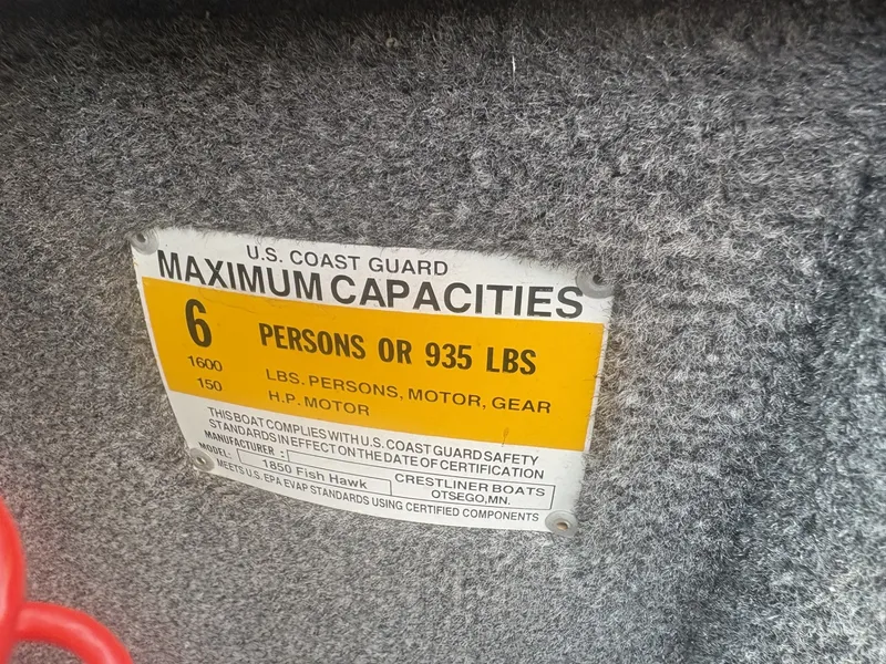 Slide: The Image of A sign displays the boat's maximum capacity: 6 persons or 935 pounds. - 20