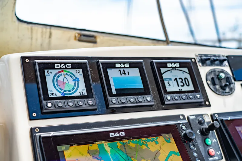 Slide: The Image of St Francis SF 50 yacht navigation instruments, displaying speed, depth, and compass data. - 50
