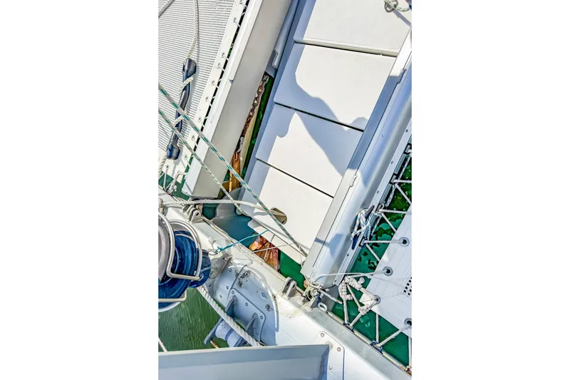 Slide: The Image of Overhead view of St Francis SF 50 yacht deck, showcasing rigging and netting, 2010 model. - 26